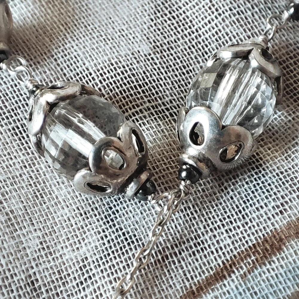 Vintage Rosary Clear Oval Faceted Glass Threaded Chain Silver Tone Necklace